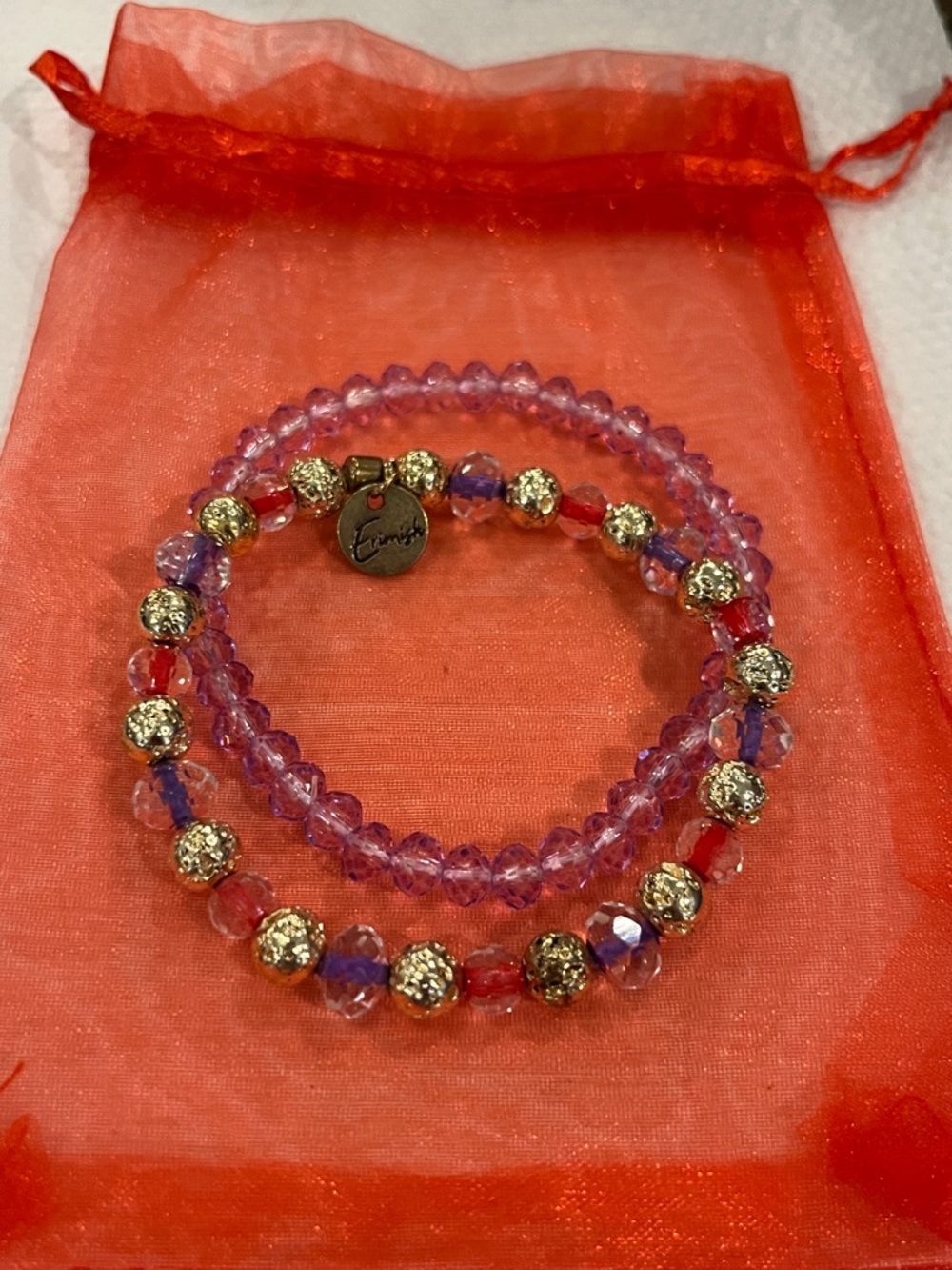 Erimish Purple and Pink Beaded Stretch Bracelet Set with Gold Accents